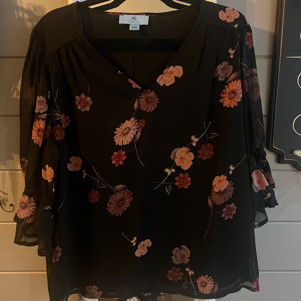 CeCe Black Floral V-Neck Blouse with Peach and Rust Flowers